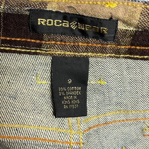 Y2K Roca Wear Women's 9 Jeans Blue Denim Pink Tan Corduroy Spell‎ Out Distressed - Picture 6 of 7